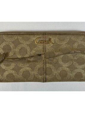 Coach Metallic Gold Lurex Signature Accordion Zip Wallet Pink Leather Y2K Glam